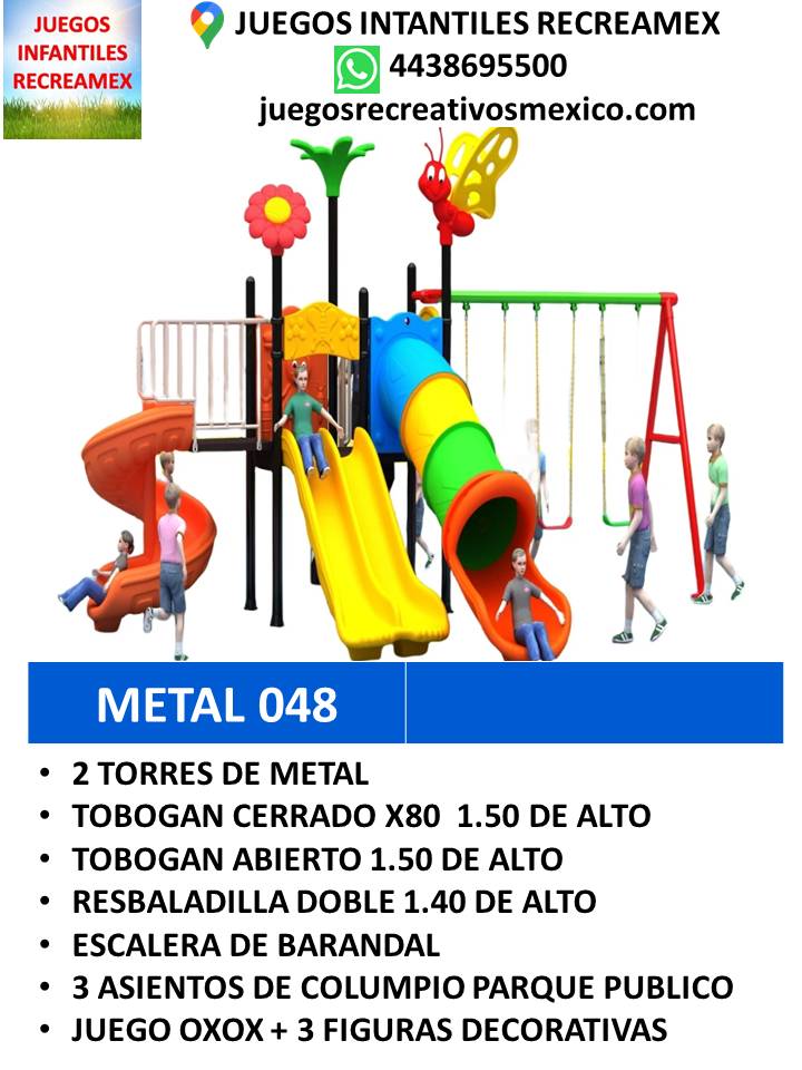 modulo de metal con tobogan, resbaladilla, columpios, juego xoxo